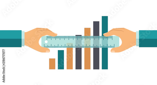 Business performance measurement concept with hands holding ruler over growth bar chart