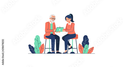 Young Woman Teaching Senior Man How to Use Digital Tablet Vector Illustration
