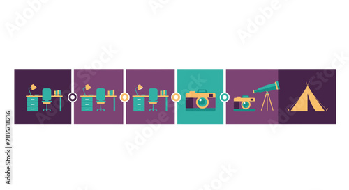 Work Life Balance Infographic Illustration - Transition From Office Desk to Camping and Hobbies