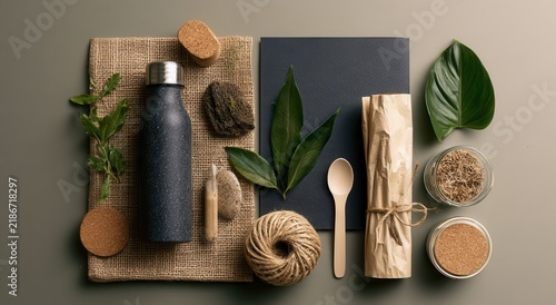 Eco-friendly lifestyle items with reusable water bottle and natural materials