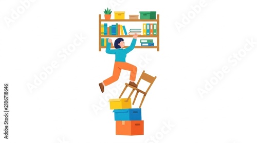 Woman Balancing on Unstable Boxes and Chair to Reach High Bookshelf Flat Illustration