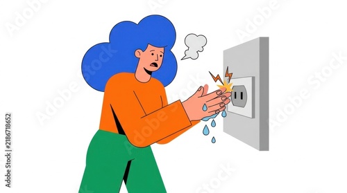 Flat illustration of person with wet hands touching electrical outlet causing shock