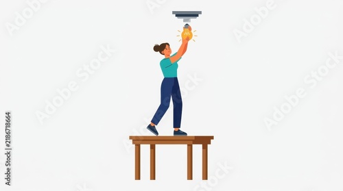 Woman standing on wooden table changing glowing light bulb, flat minimalist vector illustration