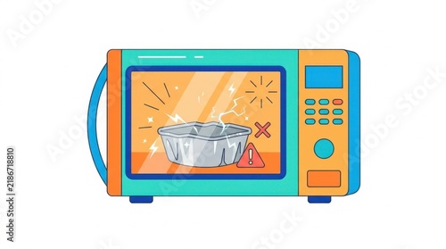 Flat vector illustration of metal foil container sparking inside microwave oven with warning sign