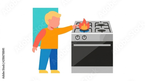 Little boy reaching for burning flame on gas stove, home hazard and child safety illustration