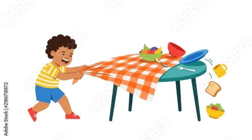Naughty child pulling red checkered tablecloth causing mess with falling dishes