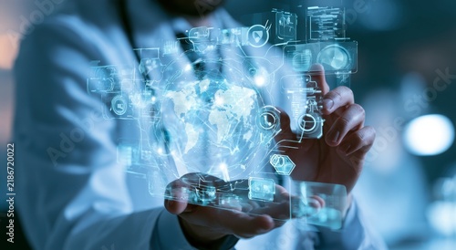 Doctor interacting with a digital medical hologram in a clinical laboratory