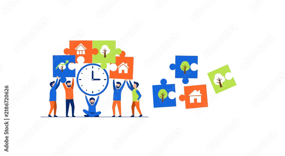 Fototapeta premium Team Collaborating on Real Estate and Environmental Project with Clock and Puzzle Pieces