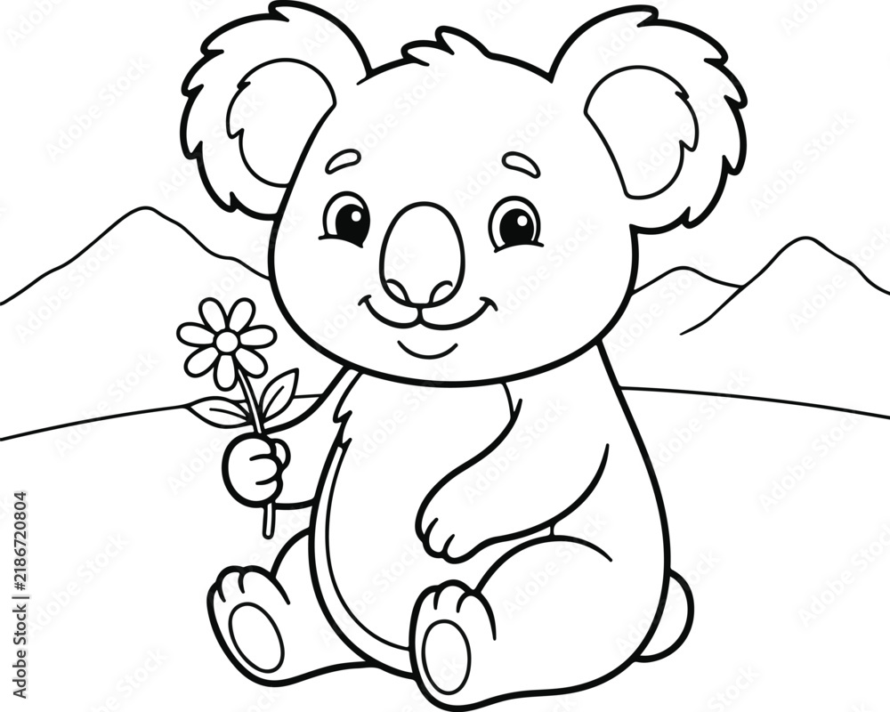 Obraz premium Cute cartoon koala holding a flower, black and white coloring page for children, vector illustration