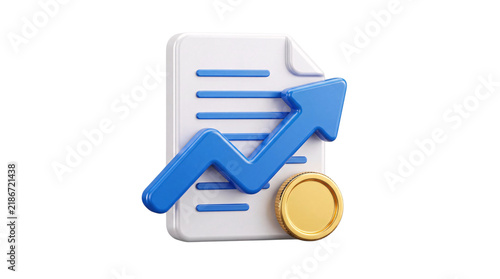 3d growth chart with coin and document on white png on transparent background