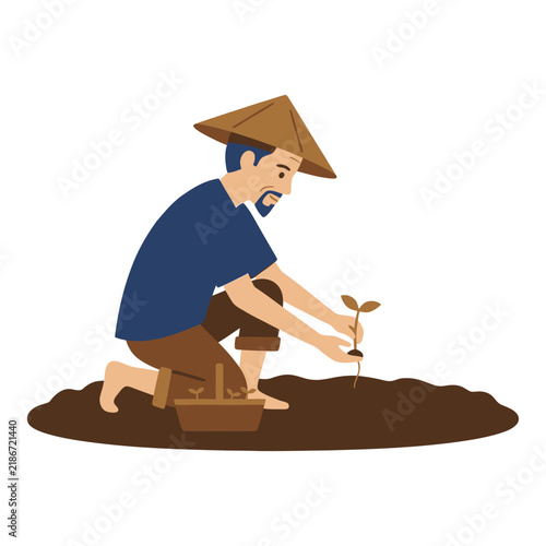 Asian Farmer Planting Small Seedlings in Soil Vector Illustration for Agriculture Concept Design