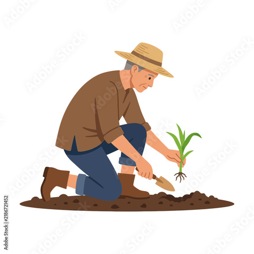 Illustration of an elderly male farmer kneeling in the soil and planting a small green seedling crop