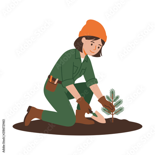 Vector Illustration of a Young Woman Planting a Small Pine Tree Seedling in the Soil Garden Work