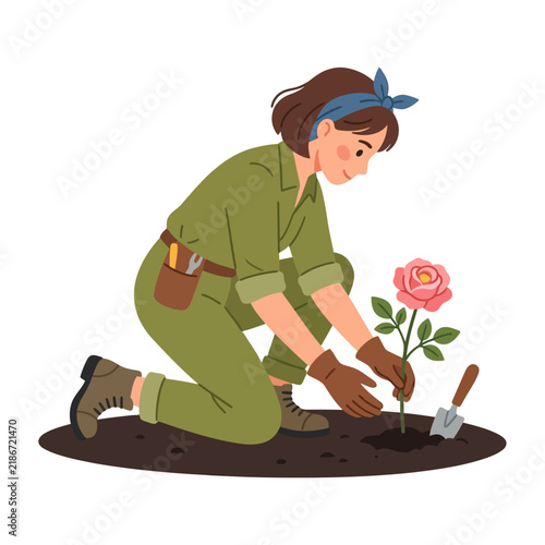 Vector Illustration of a Young Woman Gardening and Planting a Beautiful Pink Rose in the Soil Ground