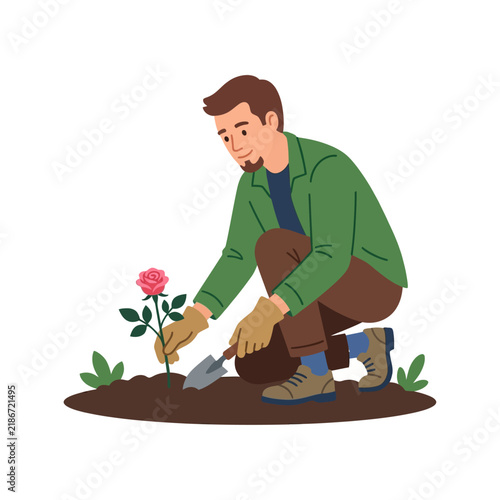 Man Planting a Pink Rose Flower in the Garden Vector Illustration of a Gardener Using a Trowel