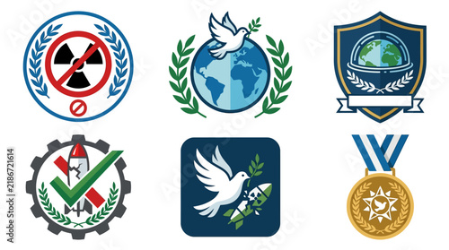 Set of vector icons representing peace and anti-nuclear weapons symbols.