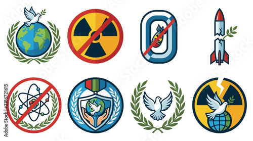 Collection of peace and anti-war icons featuring doves and global symbols.