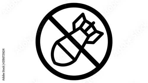 Black and white icon representing a prohibition sign against bombs and warfare.