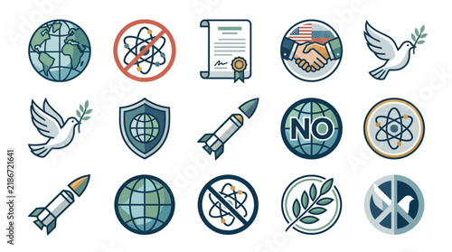Collection of peace and anti-war icons featuring doves, missiles, and global symbols.