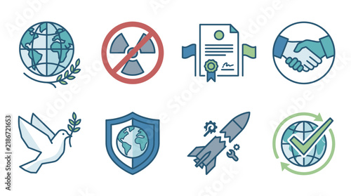 Set of flat vector icons representing global peace and international diplomacy concepts.