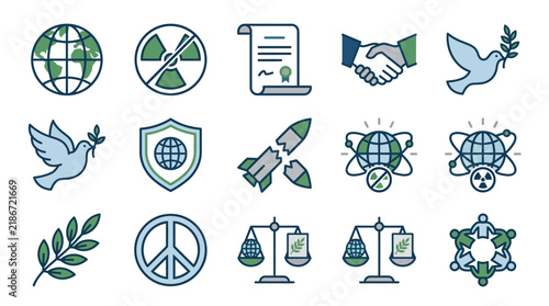 Set of flat vector icons representing world peace, international diplomacy, and nuclear disarmament concepts.