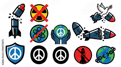 Collection of anti-war and peace icons featuring broken missiles and symbols of global harmony.