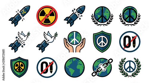 Collection of peace and anti-war icons featuring doves missiles and earth symbols.