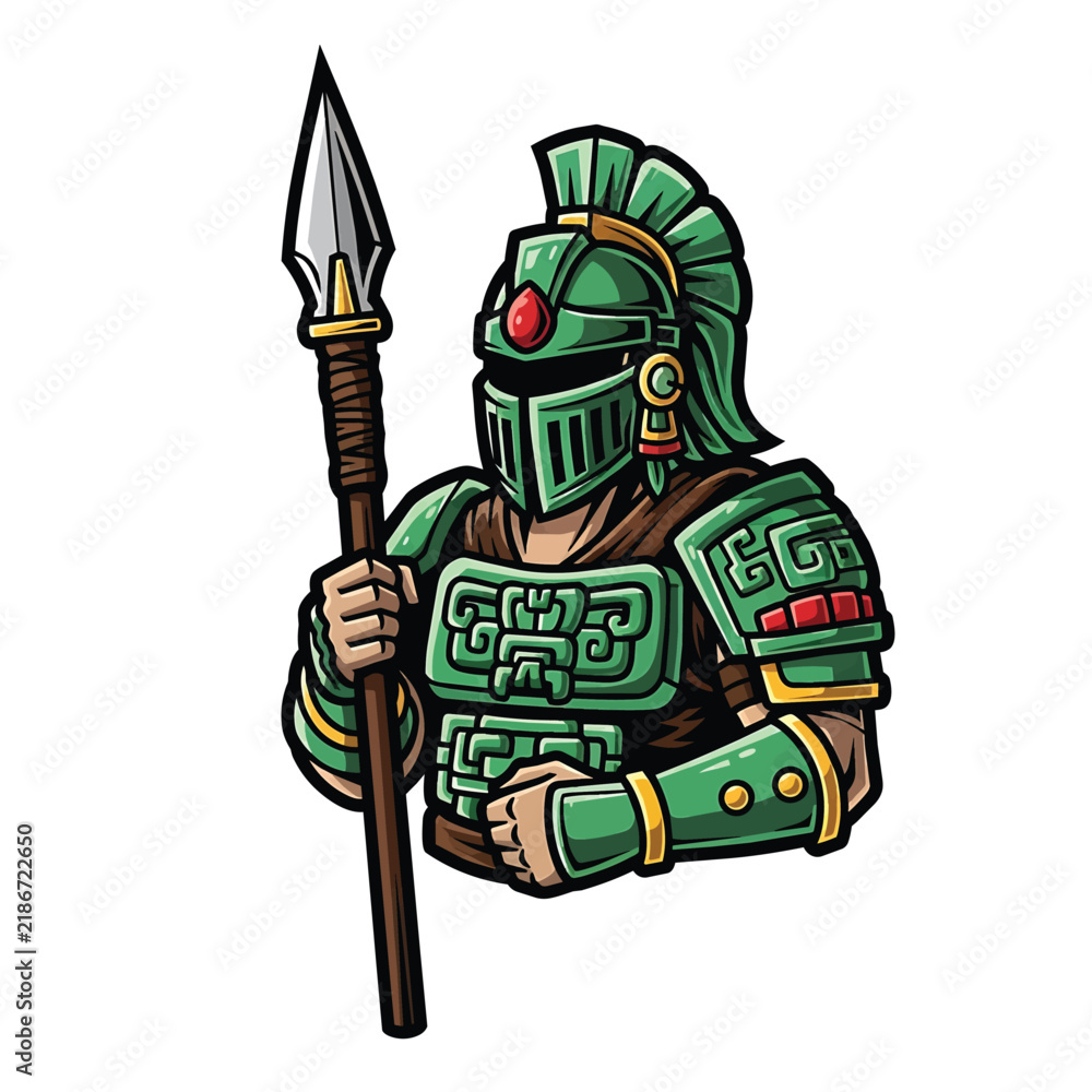 Obraz premium Green armored medieval warrior character holding a long spear in digital art illustration