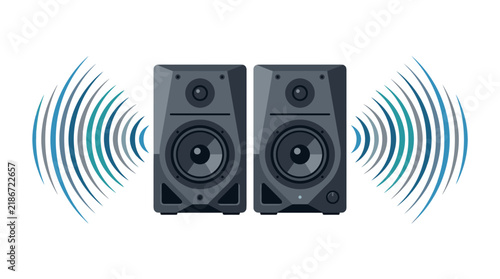 Two Modern Studio Speakers Emitting Sound Waves Illustration