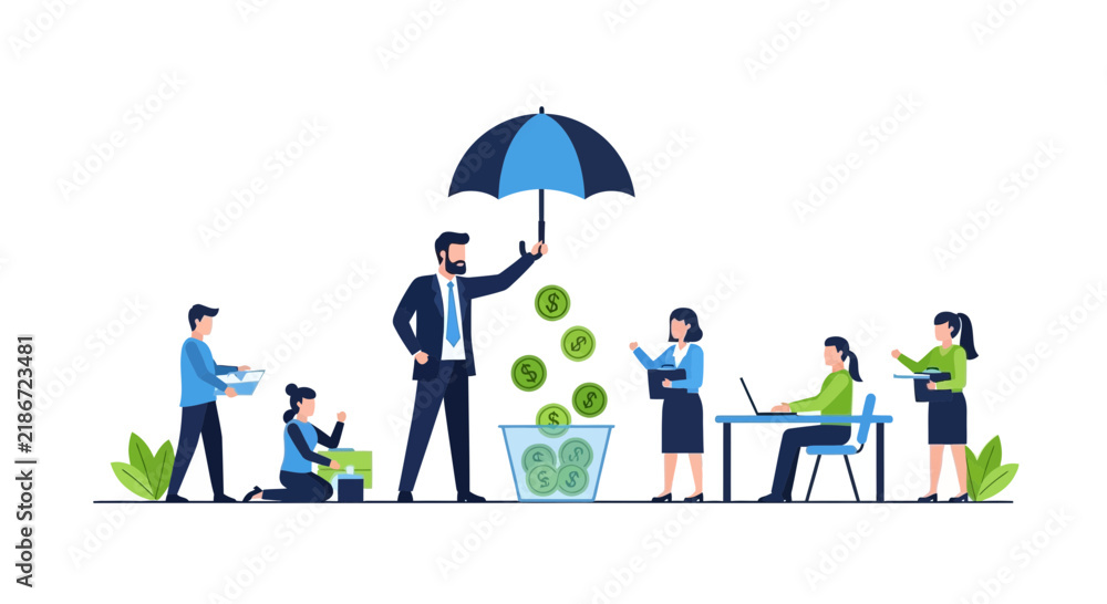Fototapeta premium Business Financial Protection and Insurance Concept with Team Working and Leader Holding Umbrella Over Money