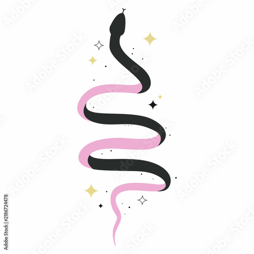 Stylized illustration of snake, made in minimalist style. Black and pink image on white background.