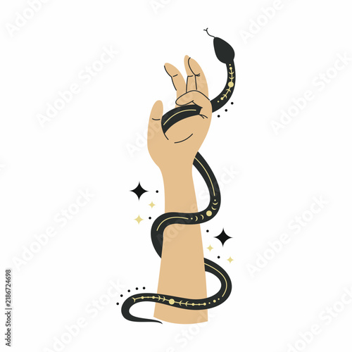 Hand with elegant black snake. Snake wraps around his wrist. Mystical composition on white background.