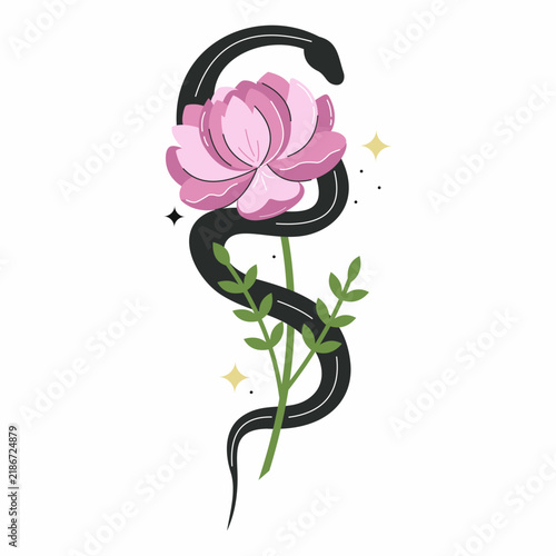 Black snake and peony flower. Aesthetic illustration for decoration of postcard. Vector image on white background.