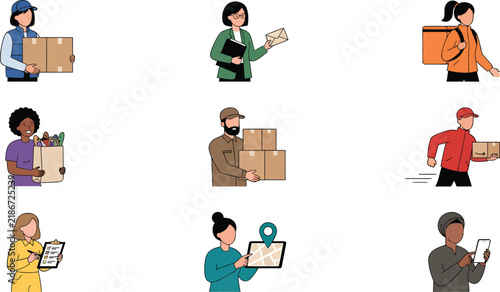 Diverse delivery service workers set isolated on background, flat vector illustration of couriers, postmen, food delivery staff with cardboard boxes, packages, and tracking tablet