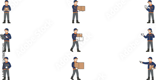 Delivery man character poses set isolated on background, flat vector illustration of male courier worker holding cardboard boxes, smartphone, and clipboard