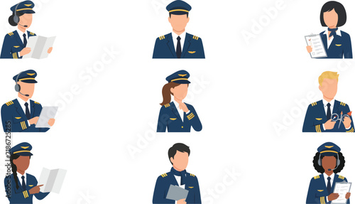 Diverse airline pilots and flight crew avatars set isolated on background, flat vector illustration of male and female aviation staff in blue uniform