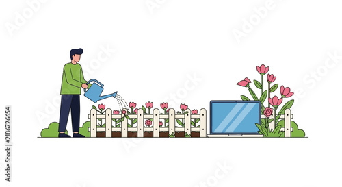 Man Watering Garden Flowers with Laptop Nearby Vector Illustration - Remote Work and Hobby Balance Concept