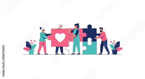 Diverse Team Collaborating to Assemble Heart Puzzle for Charity, Care, and Community Support Illustration