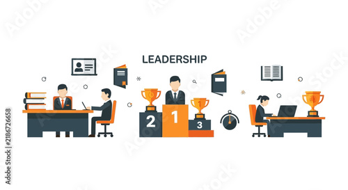 Business Leadership and Success Concept Illustration with Office Workers, Podium, and Trophies