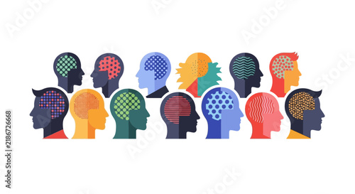 Abstract Diverse Human Head Profiles Representing Neurodiversity, Psychology and Mental Health Concepts