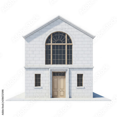 A white house with a large window and a wooden door