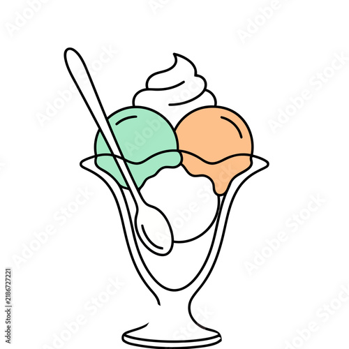Ice cream sundae with spoon in glass dish
