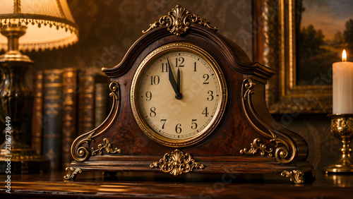 Antique wooden clock with ornate design on a vintage desk  