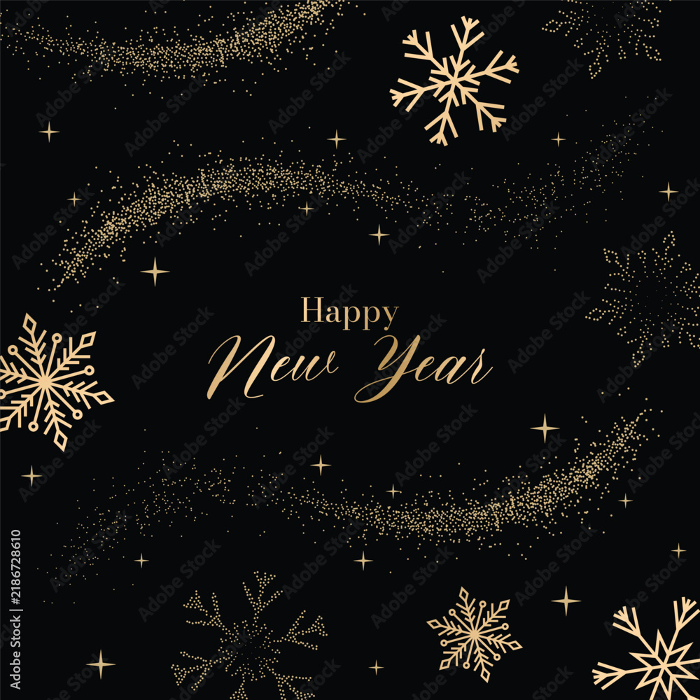 Obraz premium Happy New Year luxury vector background with gold glitter swirl and snowflake decoration on black backdrop for greeting cards, invitations and seasonal packaging