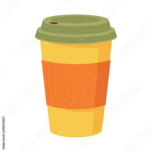Yellow coffee cup with green lid and orange sleeve