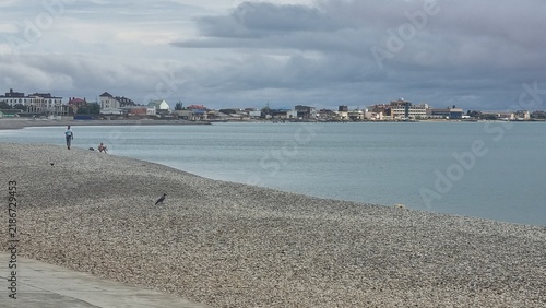 A wide, pebble-covered beach stretches along a calm, grey sea under a cloudy sky, with a distant town visible on the horizon. A lone figure walks their dog near the water's edge