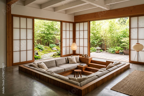 Sunken Conversation Pit in Modern Minimalist Living Room with Garden View