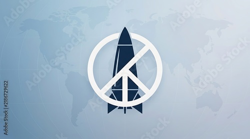Conceptual illustration of a rocket inside a peace symbol against a global map background.