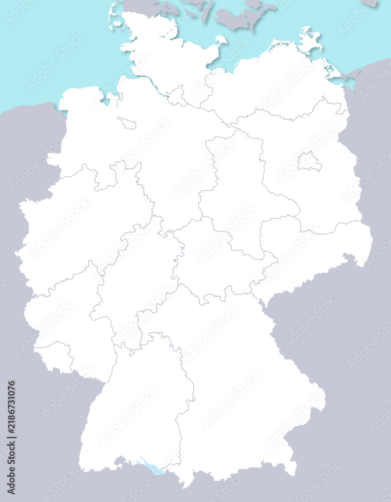 Obraz premium Blank map of Germany with 16 federal states borders and drop shadow, political vector map with surrounding land and sea