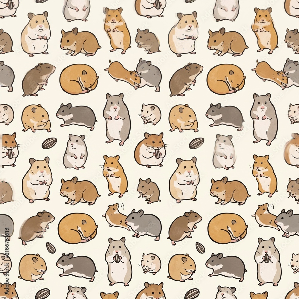 Obraz premium Cute Hamster Seamless Pattern with Adorable Rodents and Seeds
